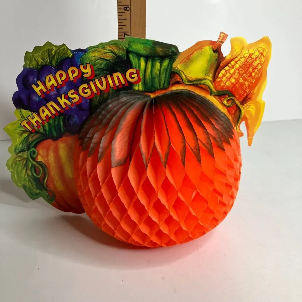 Happy Thanksgiving Honeycomb Crepe Paper Pumpkins Lot Of 2 Centerpieces
